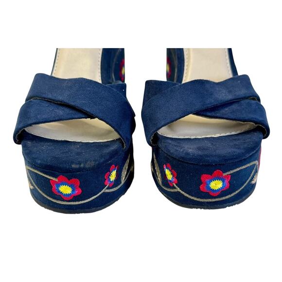 M.I.A. ZOEY Floral Embroidered Navy Blue Platform Slingback Chunky Sandals Sz 8 - Picture 4 of 11